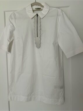 Fendi White Short-Sleeve Polo with Scalloped Zip Placket